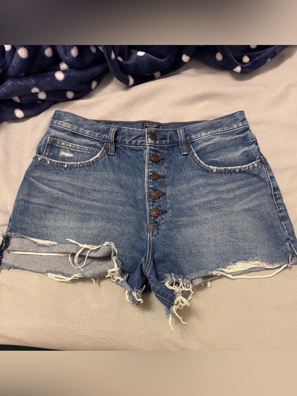 Abercrombie & Fitch Button Fly Denim Shorts Distressed High Rise Size 32 - Picture 6 of 7